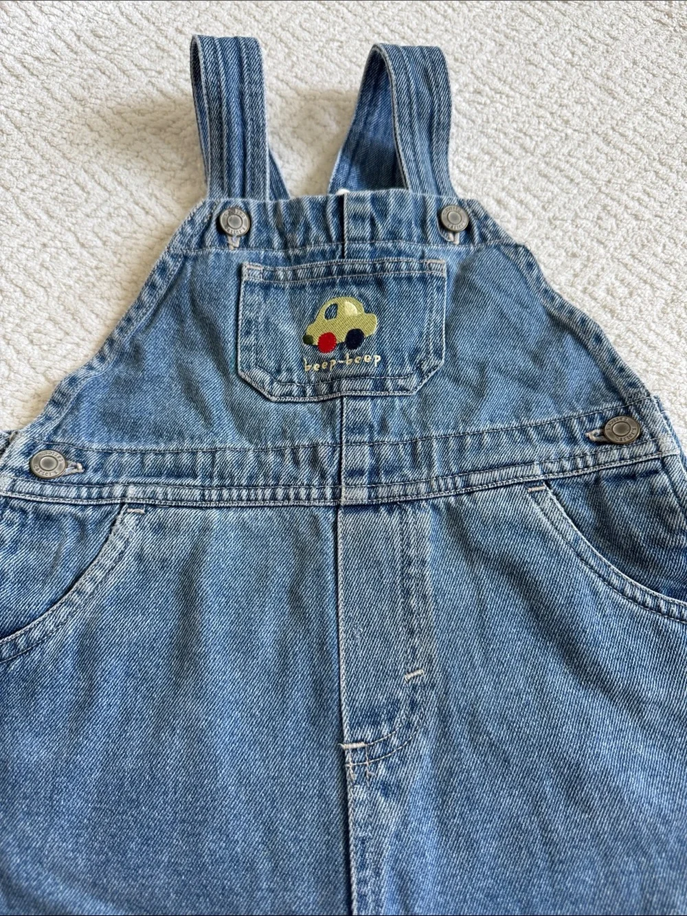 Vintage Carter's Denim Short Overalls with Yellow Car Patch